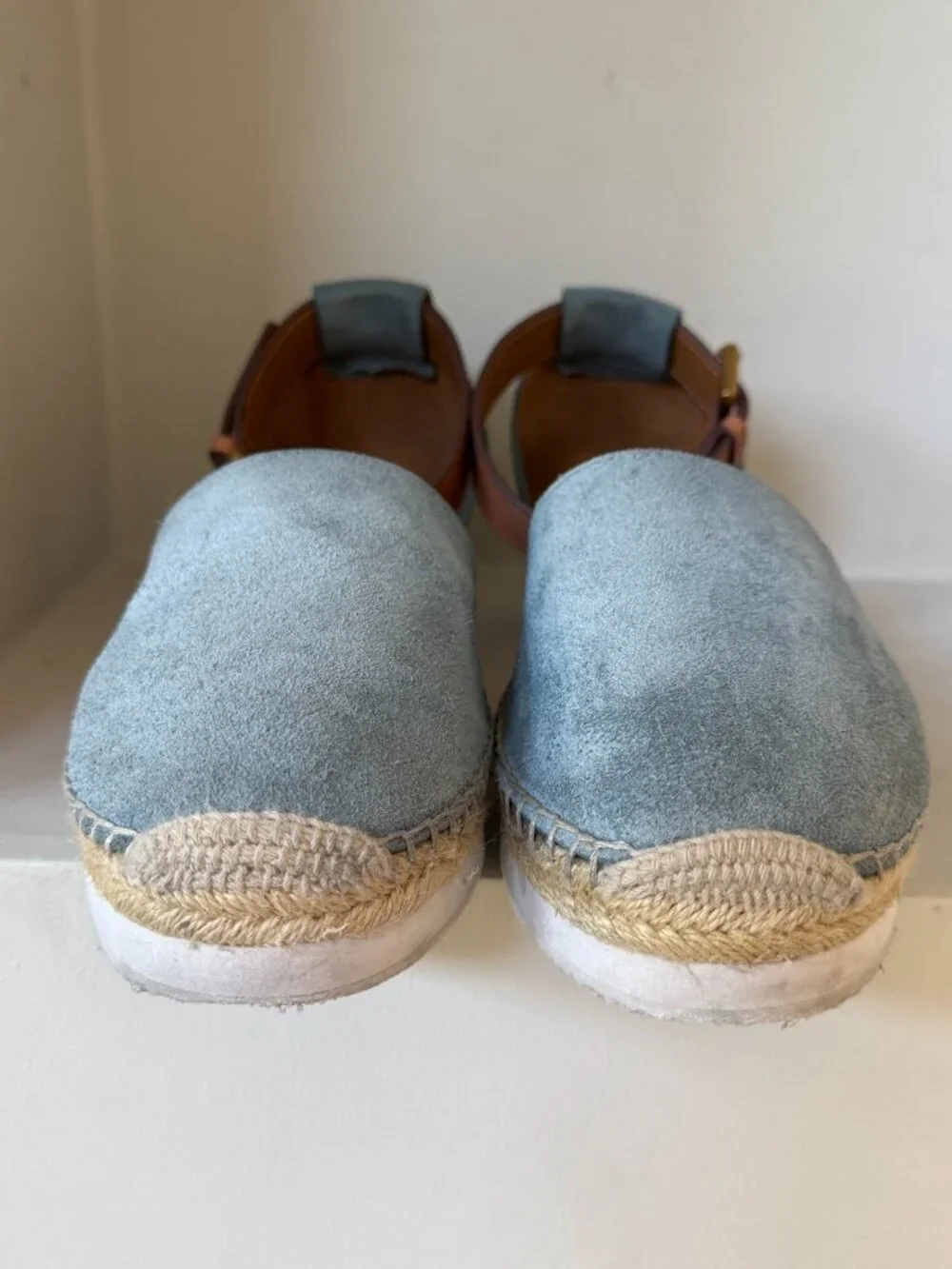 See by Chloé Glyn Blue Suede Platform Espadrille Sandals Ankle Strap 10